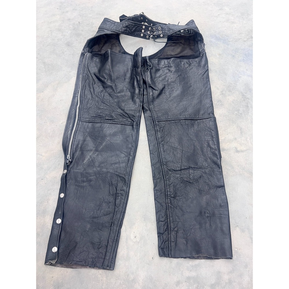 Barney's Motorcycle Chaps Mens 2XL Black Leather Adjustable Waist Straight Leg